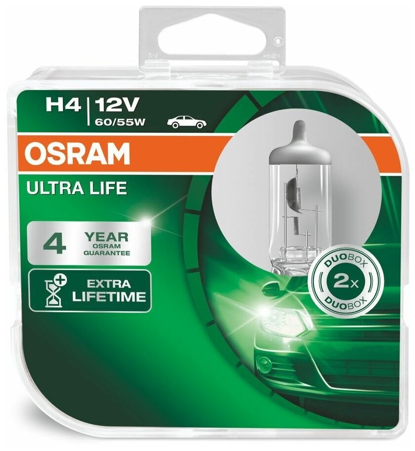 Лампа автомобильная галогенная OSRAM Ultra Life 64193ULT-HCB H4 12V 60/55W P43t 2 шт.