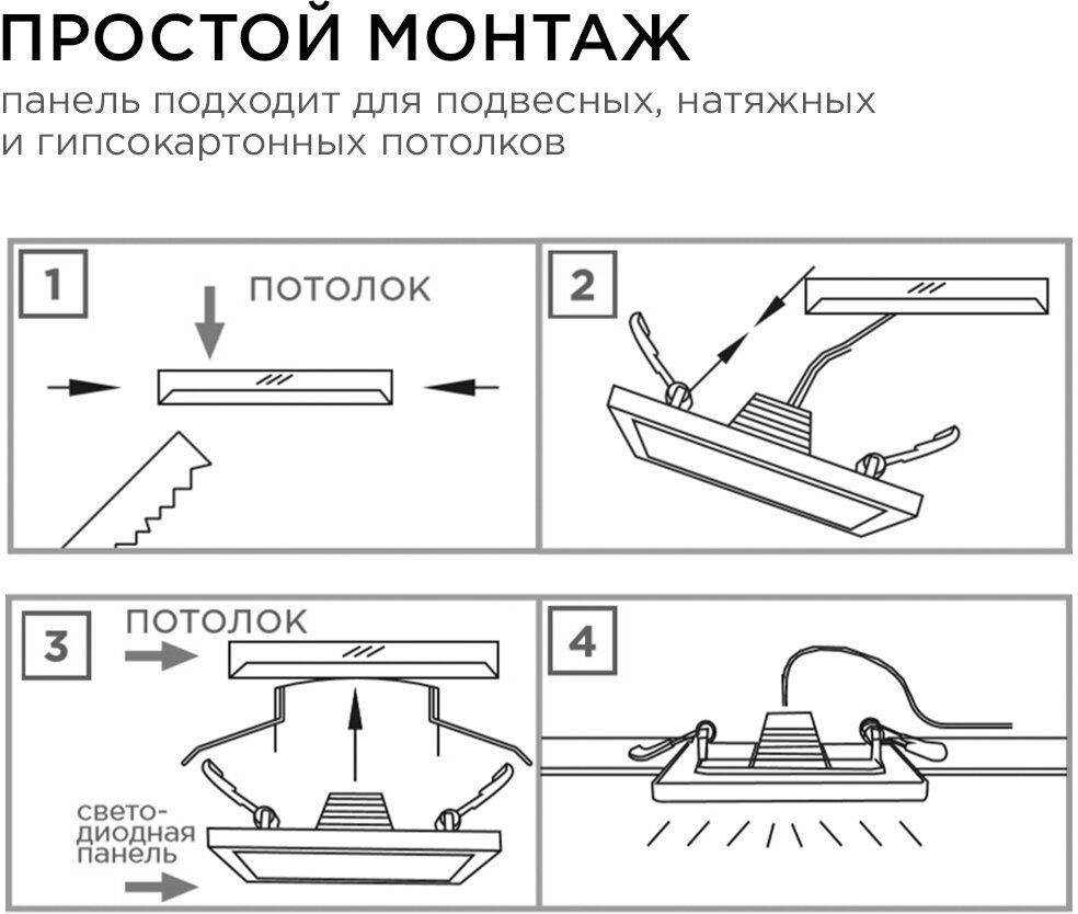 Светодиодный светильник-панель в форме квадрата, с изолированным драйвером, 8Вт, ТБ 2700К, 640Лм, IP40, 220В, 95 мм - фотография № 11