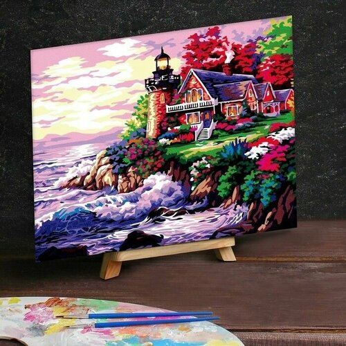 Картина по номерам на холсте 40х50 см Домик с маяком у моря картина по номерам природа пейзаж с маяком и дорожкой у моря