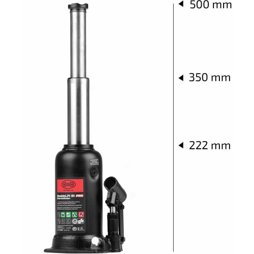 Домкрат автомобильный гидравлический бутылочный 5 т, 2-ступенчатый с сумкой, h 222-500 мм, HEYNER