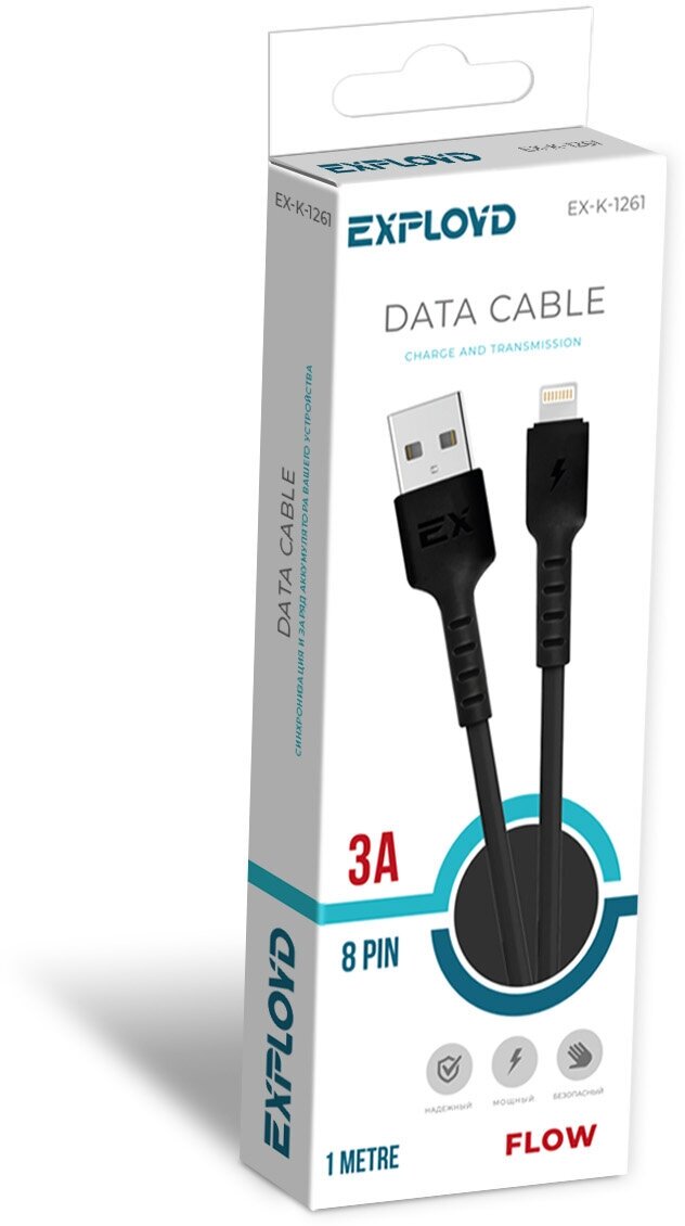 USB кабель Exployd 8 pin круглый цвет чёрный длина 1М 3A Flow - фото №4