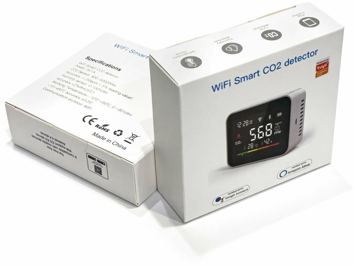 Умный WIFI датчик CO2 температуры и влажности (с экраном) белый корпус