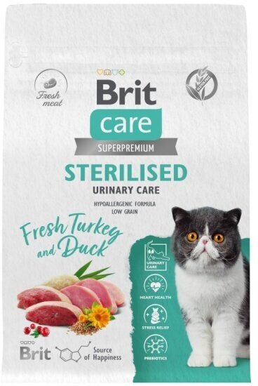 Brit Сухой корм Care Cat Sterilised Urinary с индейкой и уткой для стерилизованных кошек, 7кг