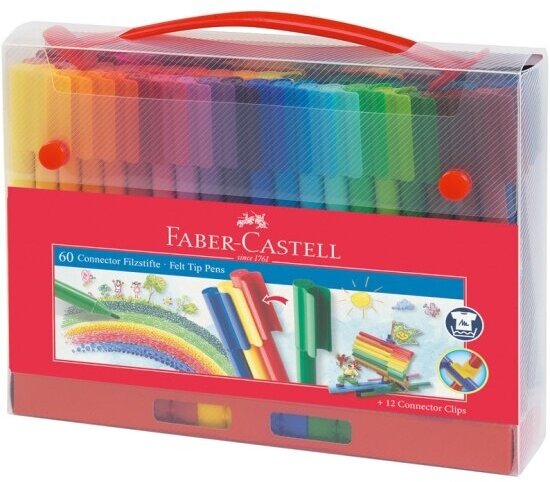 Фломастеры Faber-castell "Connector", 60 цветов, смываемые, соединяемые колпачки, пластик. уп, европодв