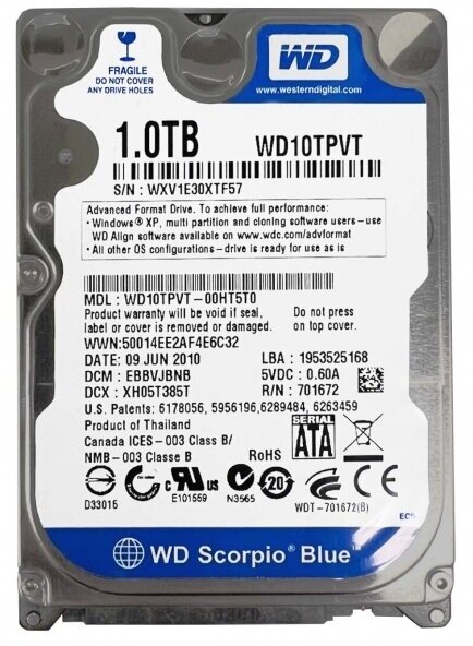 Жесткий диск Western Digital WD10TPVT 1Tb 5400 SATAIII 2.5" HDD