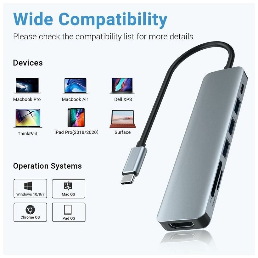 USB-концентратор с Type-C HDMI | 3xUSB 3.0 | SD | TF | Type-C - PD — фото 1