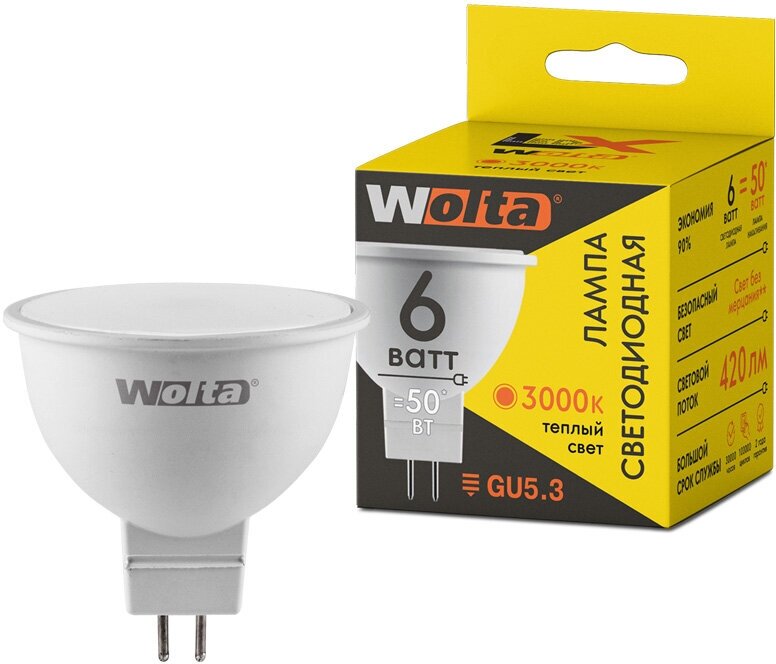 Лампа светодиодная 6W 30YMR16-220-6GU5.3 GU5.3 MR16 SMD 3000К ламп накал WOLTA