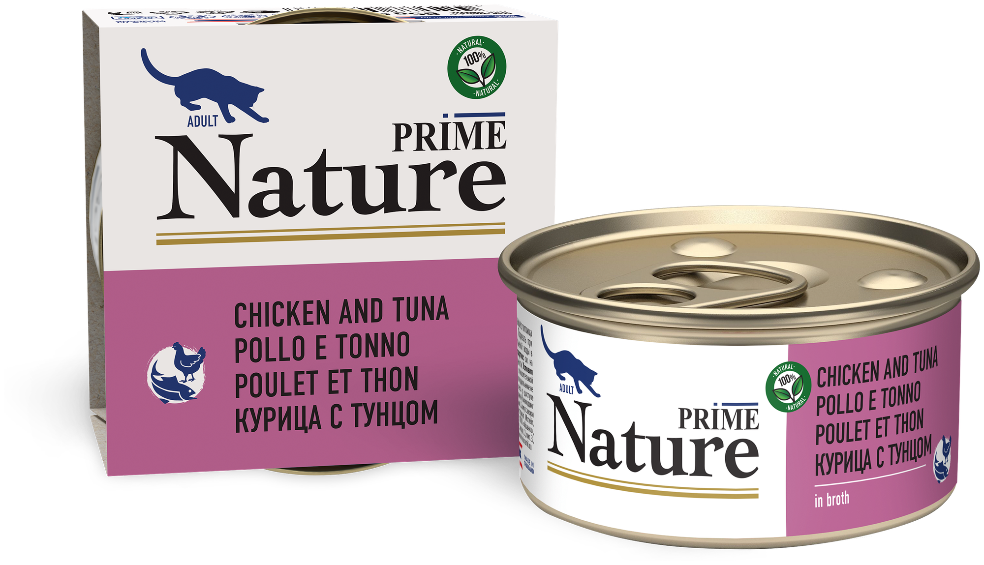 Prime Nature влажный корм для кошек, курица с тунцом в бульоне (24шт в уп) 85 гр