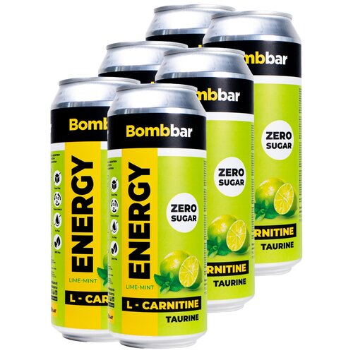 Bombbar, Энергетический напиток без сахара с Л-карнитином ENERGY, 6шт по 500мл (Лайм-мята) энергетик напиток без сахара с л карнитином bombbar energy кола 10шт по 500мл с гуараной энергетический напиток