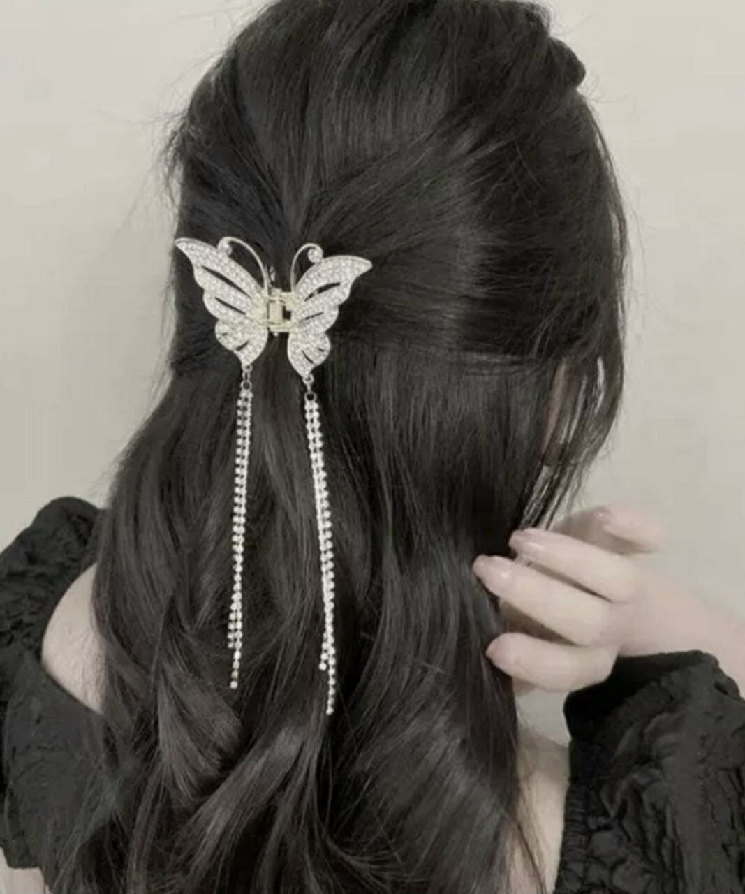 Новинка! Блестящий краб-бабочка для волос с кисточками из страз. цвет Серебро
