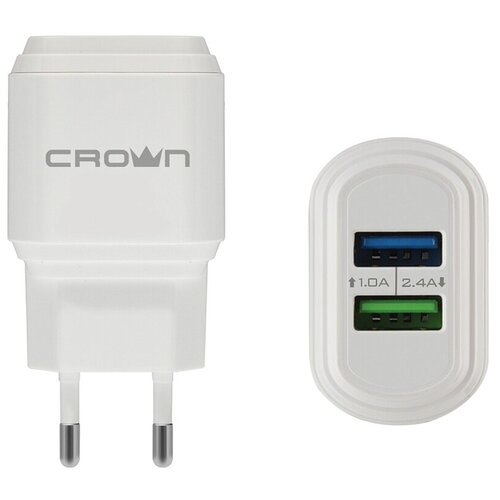Сетевое зарядное устройство Crown CMWC-3032F, USB, USB-C, 2.4 А, быстрая зарядка, белое