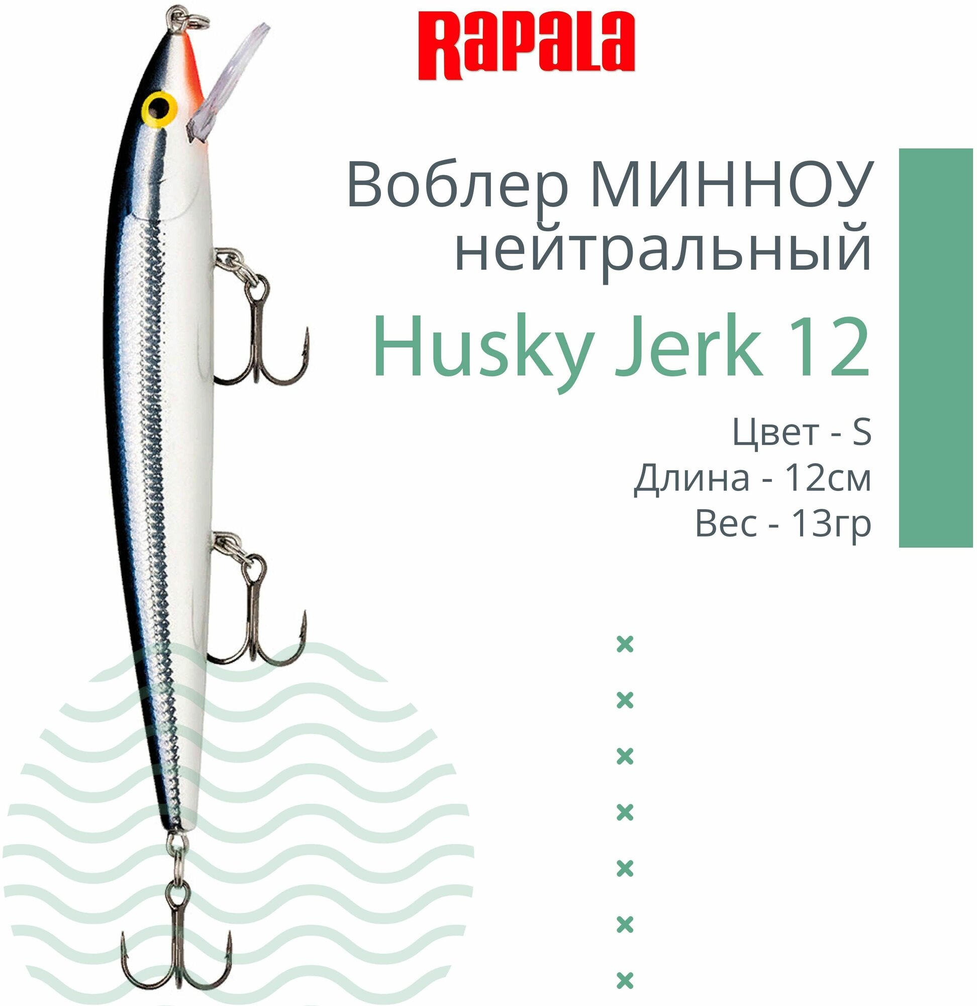 Воблер для рыбалки RAPALA Husky Jerk 12, 12см, 13гр, цвет S, нейтральный