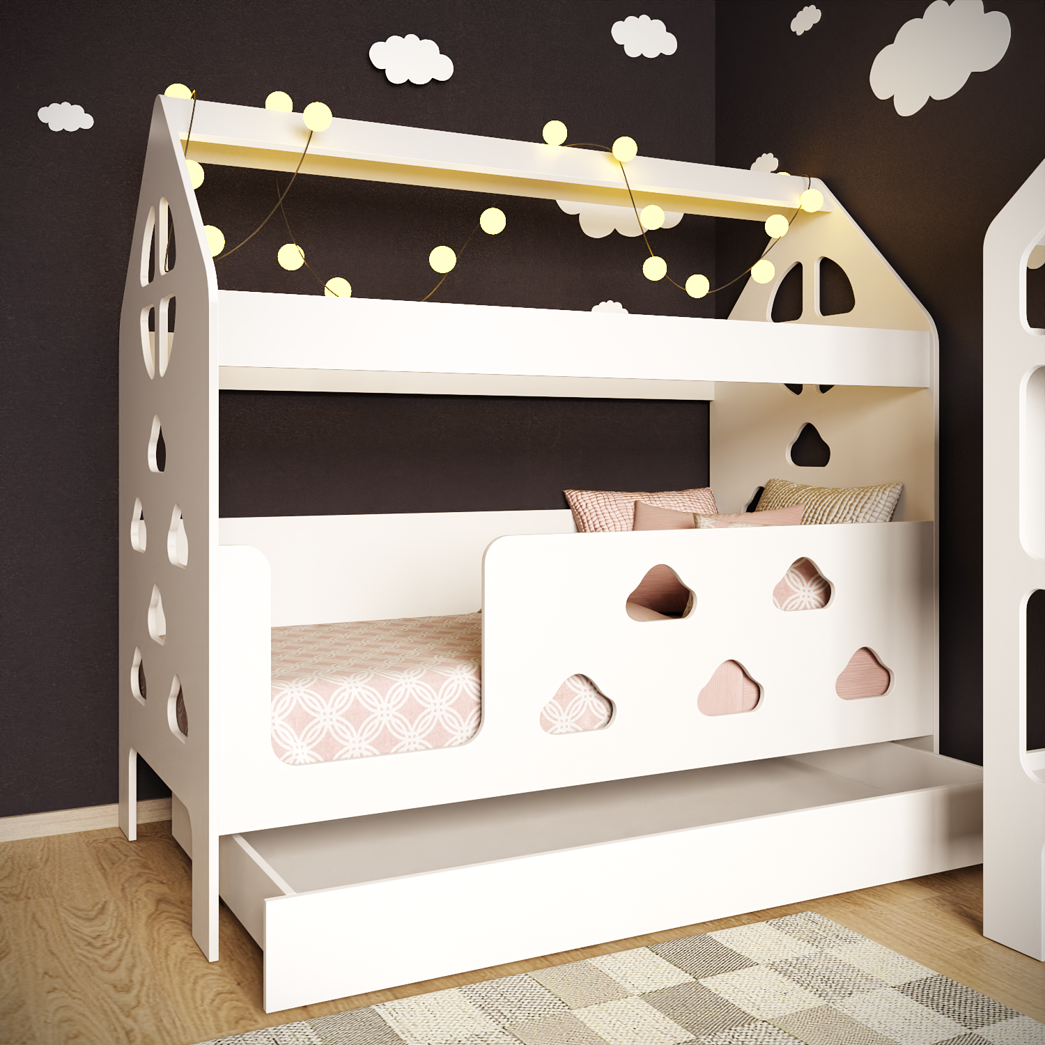 Детская кровать домик с ящиком (вход слева) "Облачка"