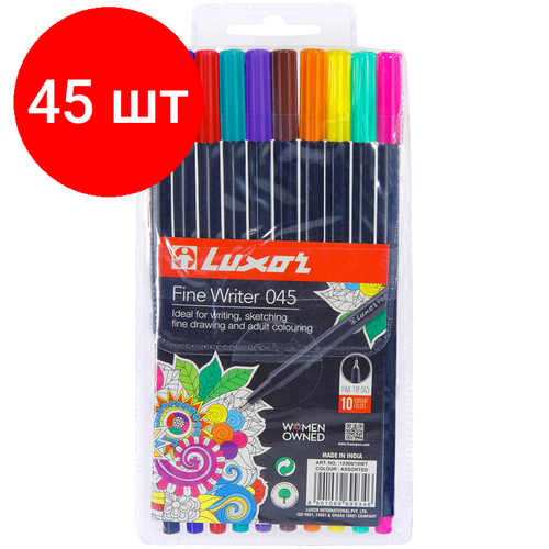 Комплект 45 шт, Набор капиллярных ручек Luxor Fine Writer 045 10цв, 0.8мм, европодвес