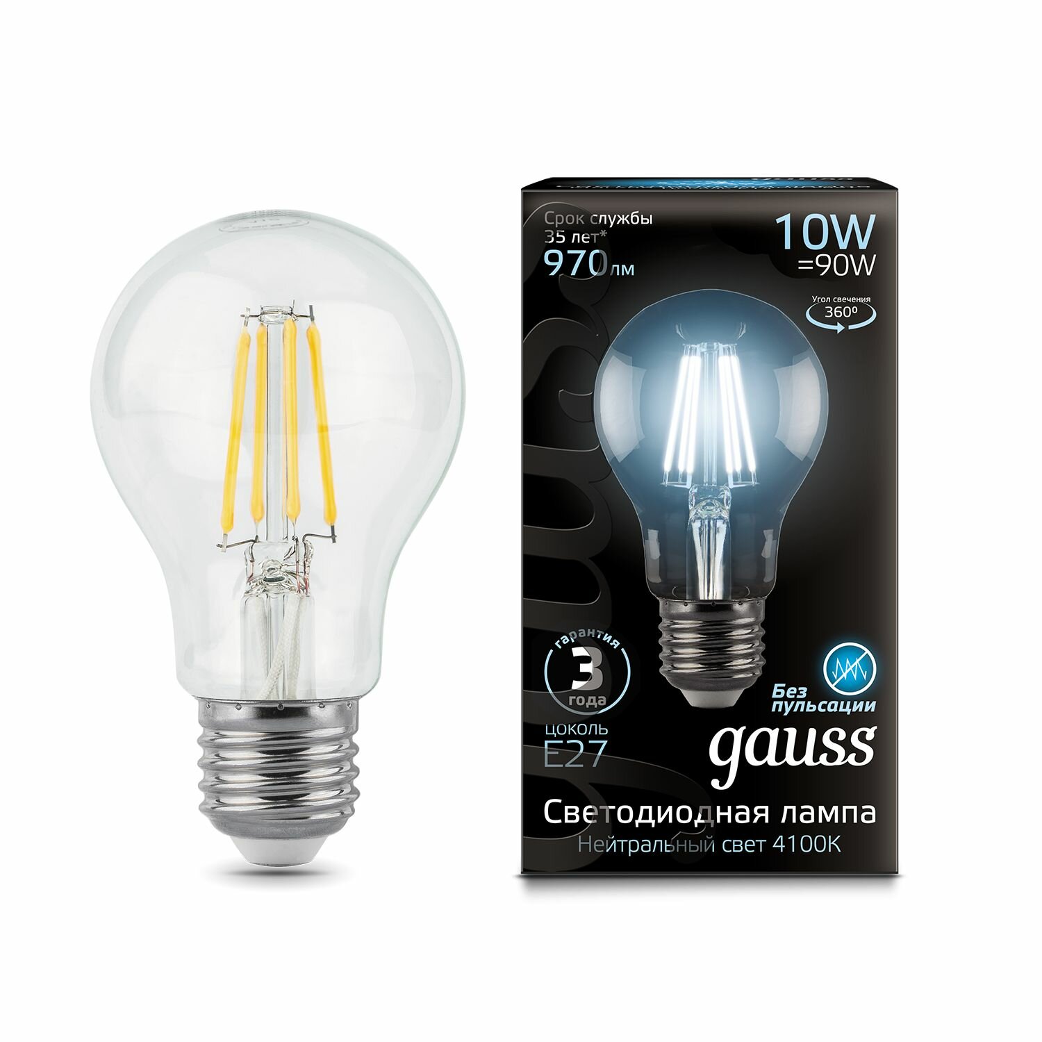 Лампа Gauss Filament А60 10W 970lm 4100К Е27 LED