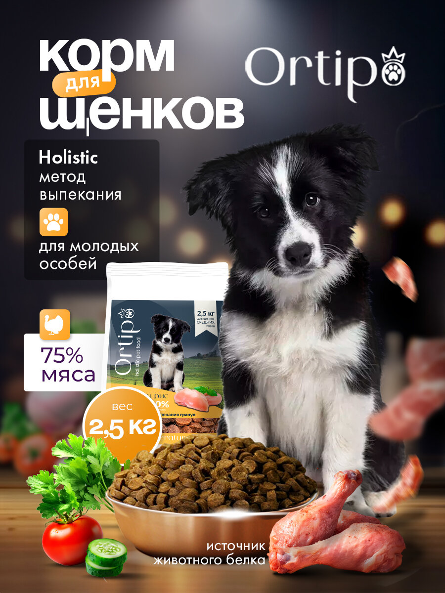 Сухой корм холистик для щенков собак средних пород "Ortipo Индейка" 2.5 кг. С пробиотиками.