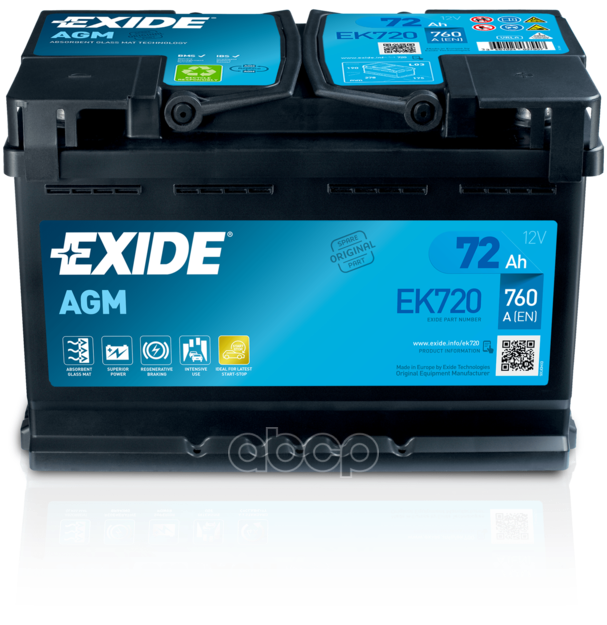 Аккумуляторная Батарея Micro-Hybrid Agm[12V 72Ah 760A] EXIDE арт. EK720