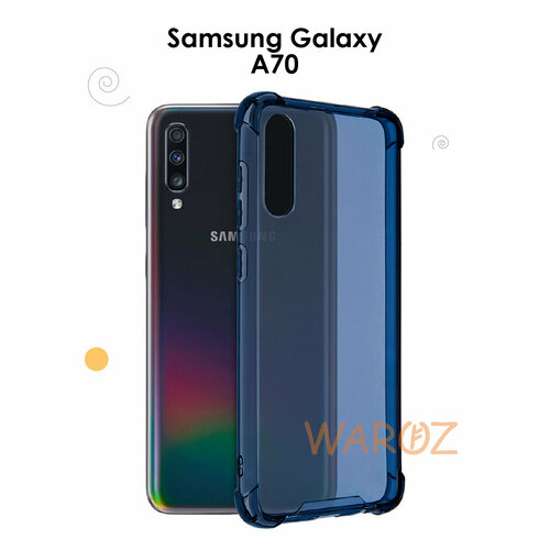Чехол силиконовый на телефон Samsung Galaxy A70 противоударный с защитой камеры, бампер с усиленными углами для смартфона Самсунг Галакси А70 прозрачный синий
