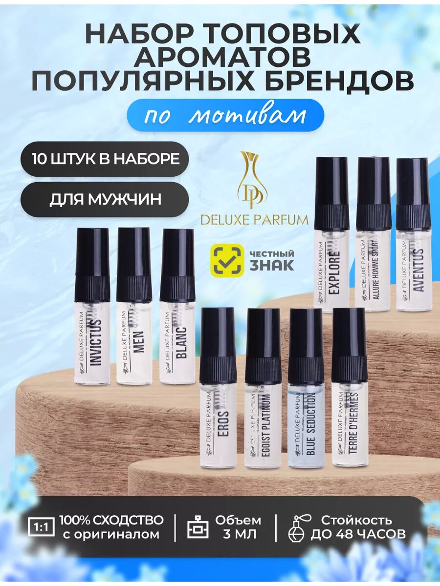 Набор миниатюр мужские духи DELUXE PARFUM с древесно-фужерными нотами по мотивам известных брендов, 10 шт по 3 мл — фото 1