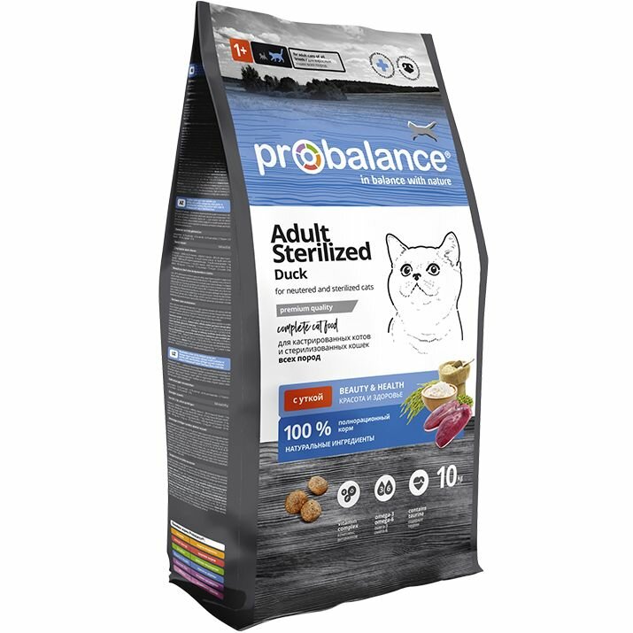 Корм сухой Probalance Sterilized для стерилизованных кошек и кастрированных котов, с уткой, 10 кг — фото 1