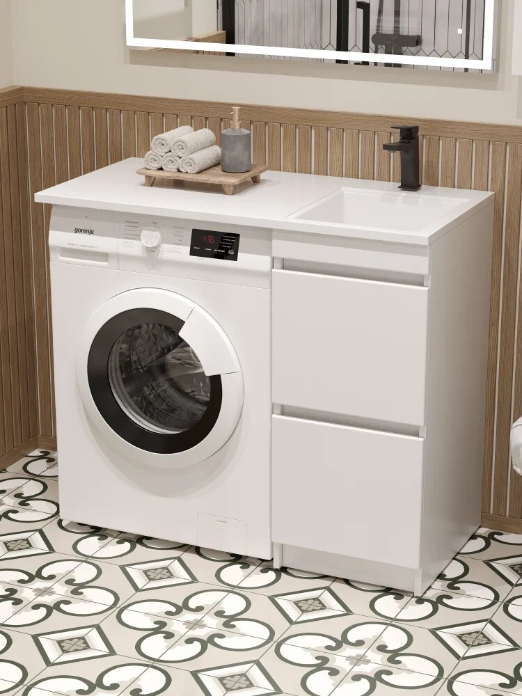 Тумба с раковиной DIWO Тольятти 120 R под стиральную машину напольная 120 2 см с ящиками белая прямоугольная в современном стиле из МДФ из камня