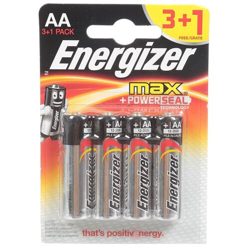 Батарейка Energizer, АА (LR06, LR6), Alkaline Max+PowerSeal 3+1, алкалиновая, 1.5 В, блистер, 4 шт батарейка energizer alkaline a27 fsb2 e301536401 2 шт