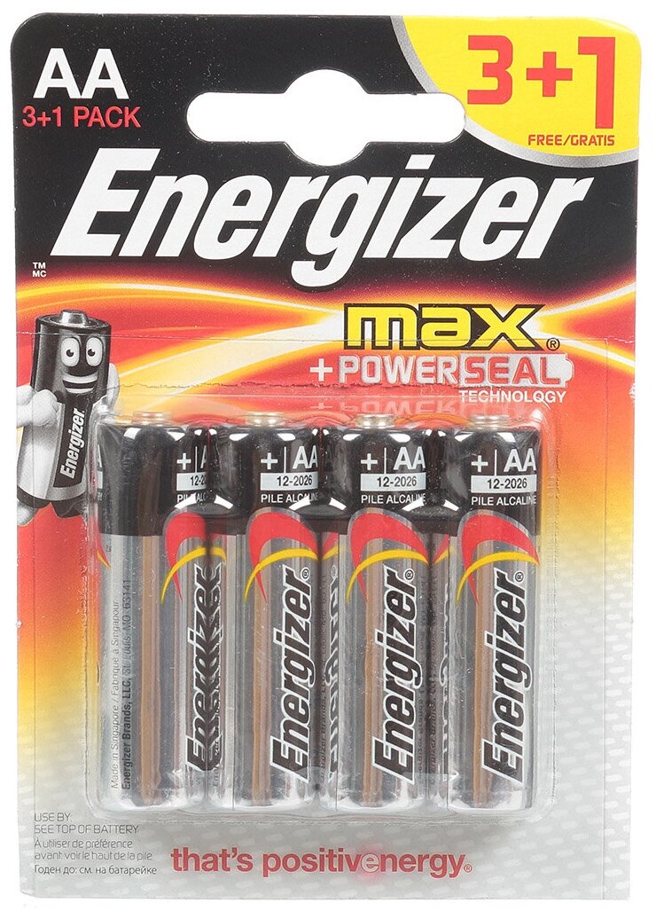 Батарейка Energizer АА (LR06 LR6) Alkaline Max+PowerSeal 3+1 алкалиновая 1.5 В блистер 4 шт