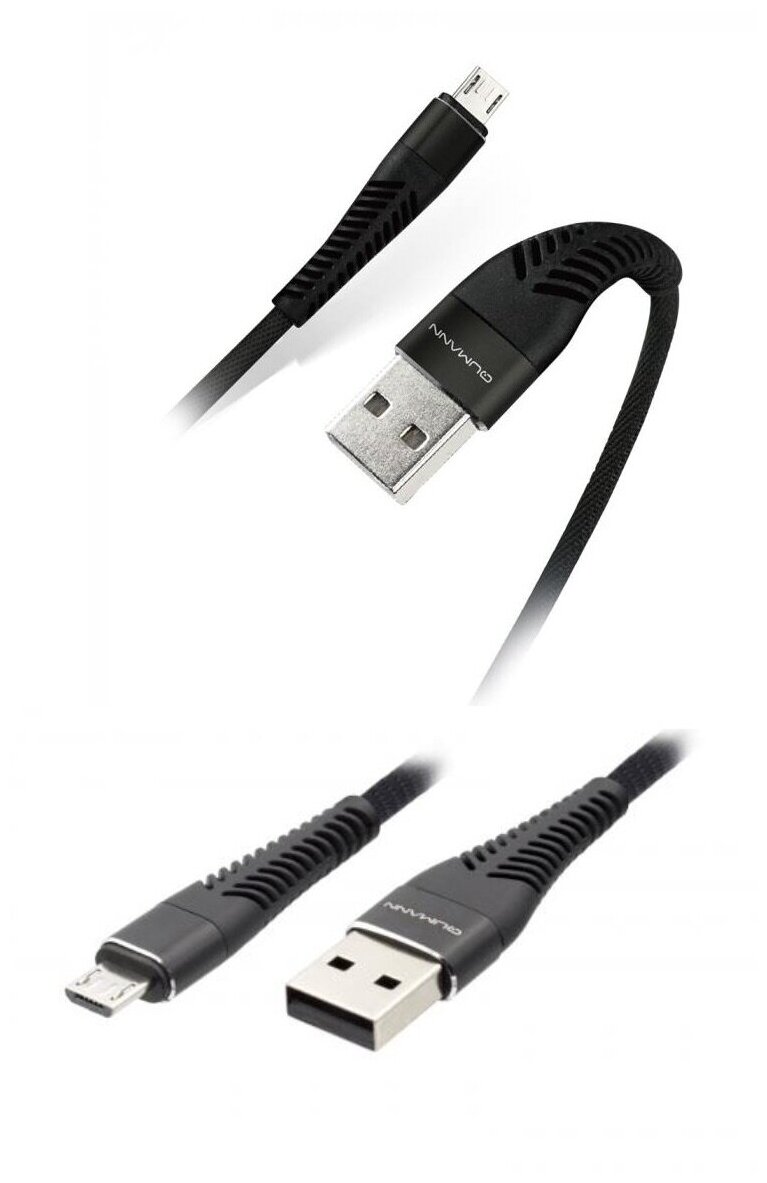 Кабель зарядки и синхронизации данных Qumann micro USB 1м 2,1А ткан. оплётка гибкий коннектор черный, 21150