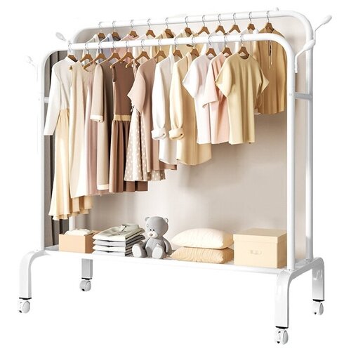 Вешалка напольная для одежды, вещей и обуви стальная, 1 полка, 2 перекладины, 4 крючка, на колесиках, 154х150х50 см, белая
