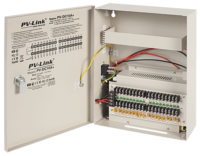 PV-DC10A+ PV-Link v.2035 - блок питания стабилизированный, DC 12 В, 10 А, 18 выходов, выход на 2 АКБ (7.1 А·ч), встроенная защита