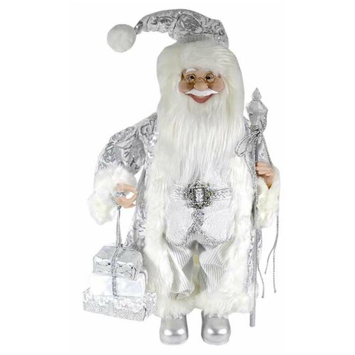 фото Дед мороз с подарком и посохом серебристый костюм 60см osa toys