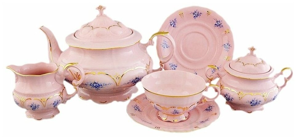 Чайный сервиз на 6 персон 15 предметов Leander "Соната /Голубой цветок" розовый / 158063