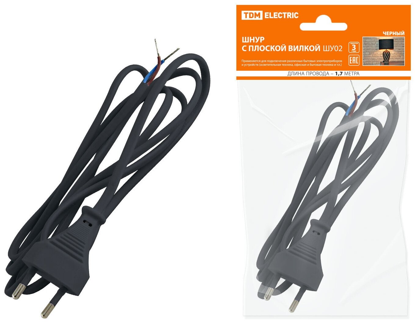 Шнур ТДМ SQ1305-0012 с плоской вилкой ШУ02 ШВВП 2х0.75мм2 1.7м черный Tdm - фото №1