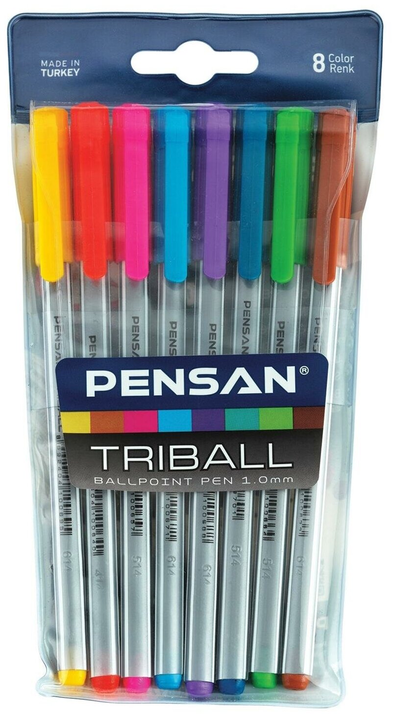 Ручки шариковые масляные PENSAN "Triball Colored", набор 8 шт, ассорти, узел 1 мм, линия письма 0,5 мм, 1003/PVC8