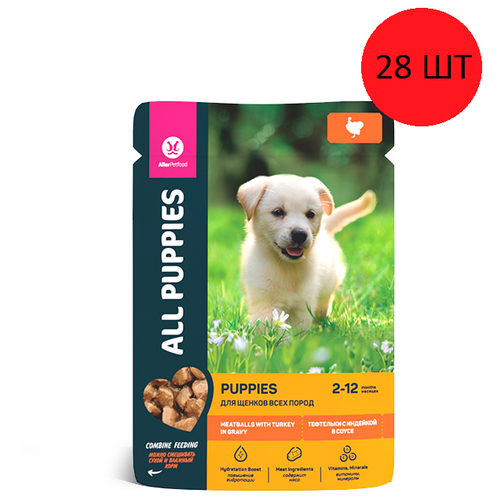 ALL PUPPIES Корм консервы для Щенков Тефтельки с Индейкой в соусе, пауч, 85г х 28 штук в упаковке