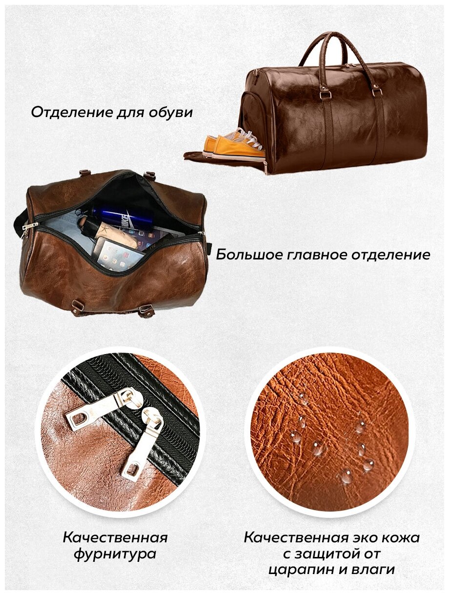 Сумка дорожная Vintage Bags (Коричневый) кожаная женская мужская спортивная через плечо для фитнеса ручная кладь экокожа - фотография № 3