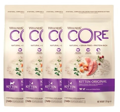 Сухой корм для котят Wellness CORE беззерновой, с индейкой и курицей 4 шт. х 1.75 кг