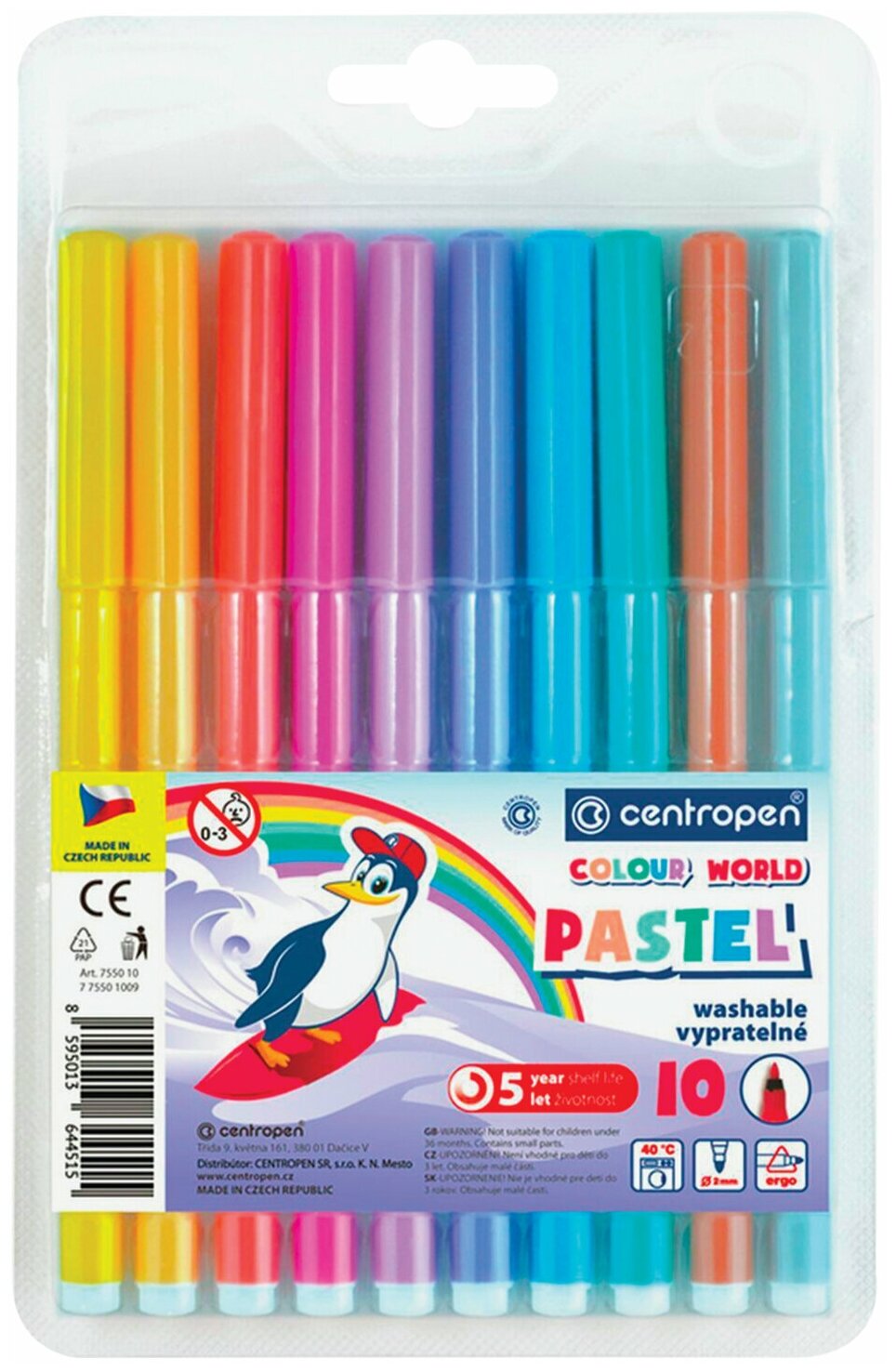 Фломастеры пастельные 10 цветов CENTROPEN "Colour World Pastel", смываемые, 7550/10TP, 7 7550 1087