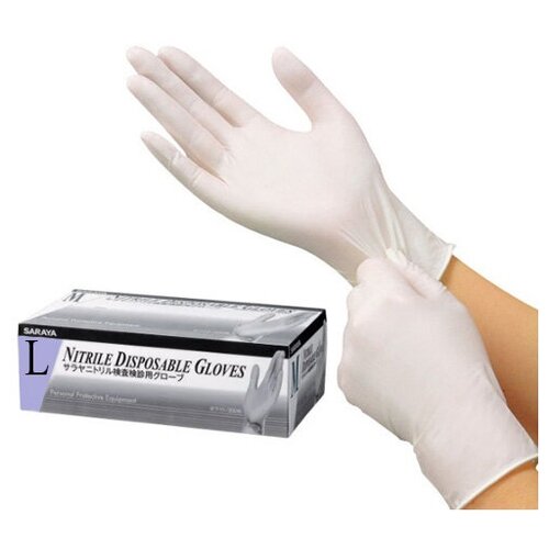 Saraya Нитриловые перчатки неопудренные смотровые белые (200 шт) размер L, 1 уп