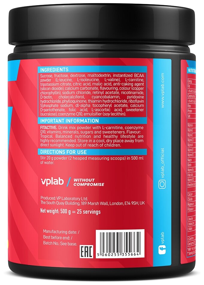 Vplab, FitActive Isotonic Drink, 500 г (тропик)