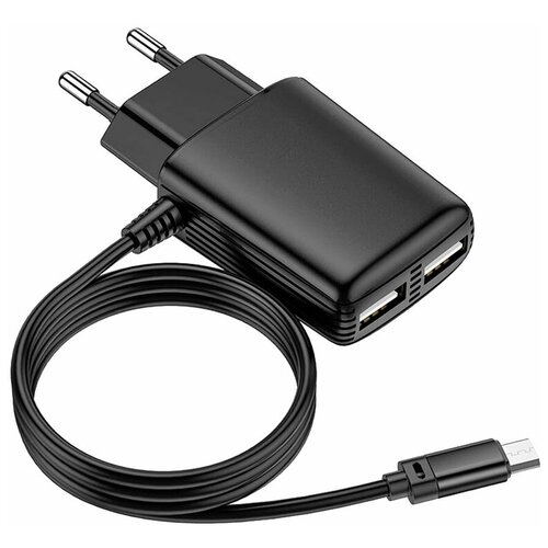 фото Сетевое зарядное устройство hoco c82a real power 2usb с кабелем micro-usb (черный) без бренда