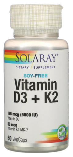 Solaray Vitamin D3 K2 5000 UI, 60 vcaps Соларай Витамин Д3 К2 5000 МЕ 60 веганских капсул — фото 1