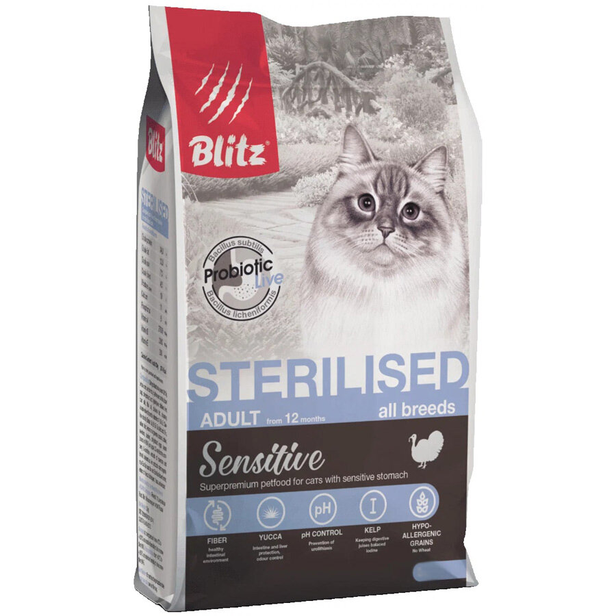 Корм сухой Blitz Sensitive Adult Sterilised Cats All Breeds Turkey для взрослых стерилизованных кошек всех пород, индейка, 10 кг