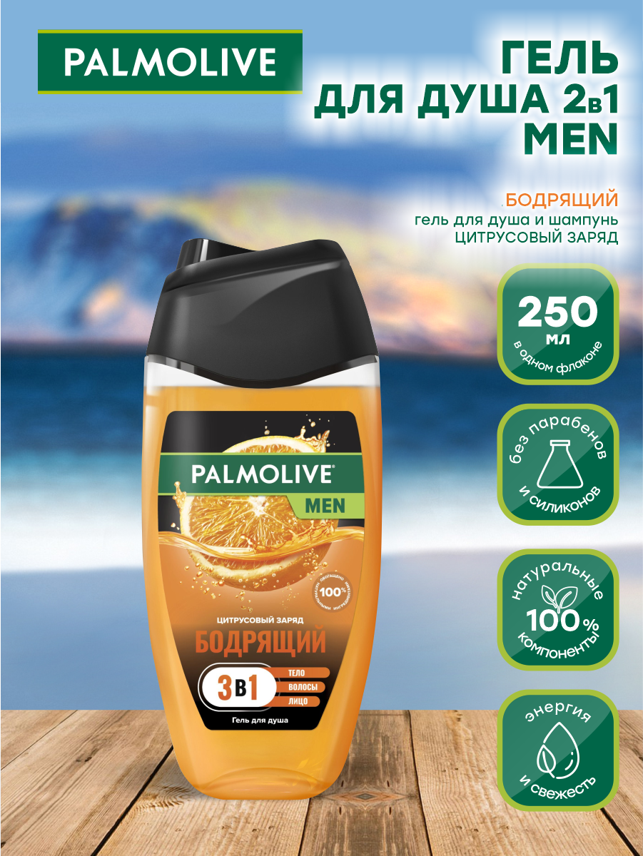 Мужской гель для душа Palmolive MEN 3в1 Цитрусовый Заряд Бодрящий 250 мл.