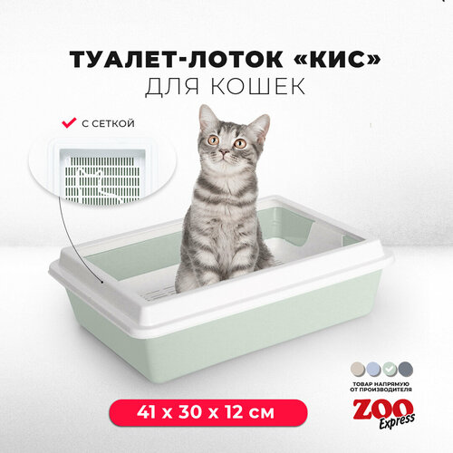 Туалет-лоток для кошек ZOOexpress КИС с рамкой и сеткой, 41х30х12 см, светло-зеленый туалет лоток для кошек zooexpress lux с рамкой без сетки 41х30х12 см светло зеленый