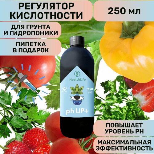 Буферный раствор регулятор кислотности HealthLife pH UP + плюс для повышения 250 мл для гидропоники и грунта