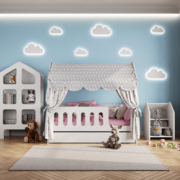 Кровать детская домик с текстилем и ящиком (серый с принцессами, вход справа) "Классик"