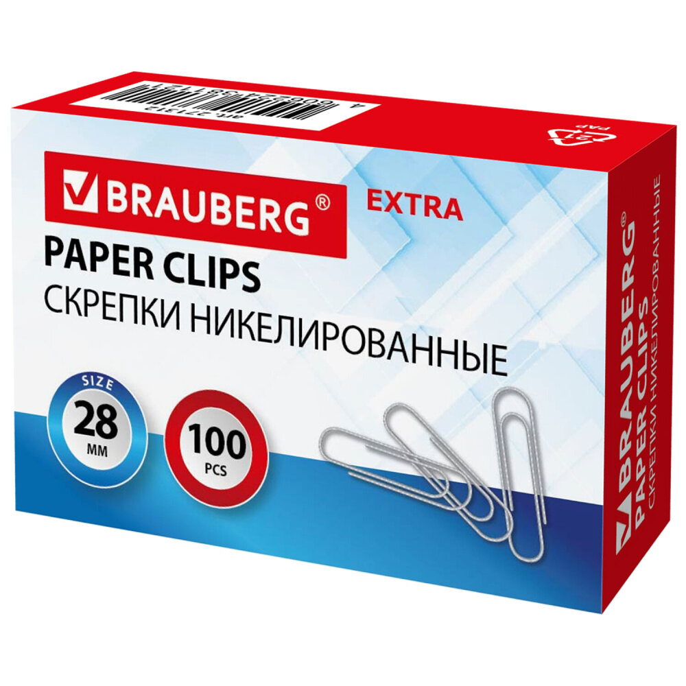 Скрепки EXTRA BRAUBERG 28 мм никелированные 100 штук, 271312 упаковка 20 шт.