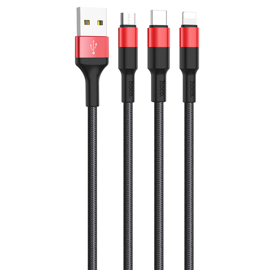 Кабель HOCO X26 Xpress USB на 3in1 (Micro + Lightning + Type-C),2A, 1 метр черный с золотом, для быстрой зарядки гаджетов