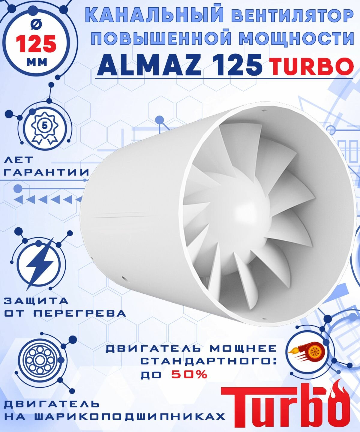 ALMAZ 125 Extra осевой канальный 295 куб. м/ч. вентилятор 28 Вт на шарикоподшипниках диаметр 125 мм ZERNBERG